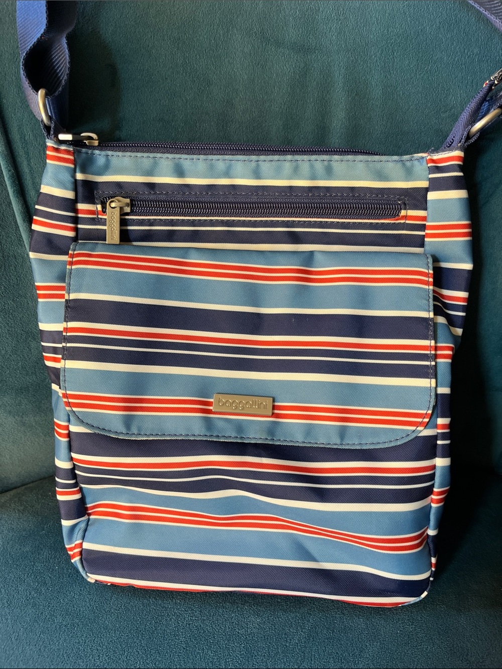 Baggallini Navy, Light Blue & Red Striped Crossbody Bag